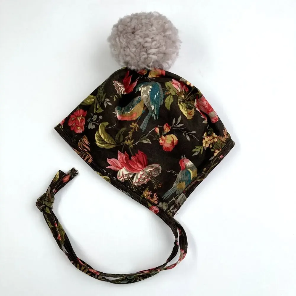 Brass Bee Bonnets - Floral Birds - Pom - Brown - Large